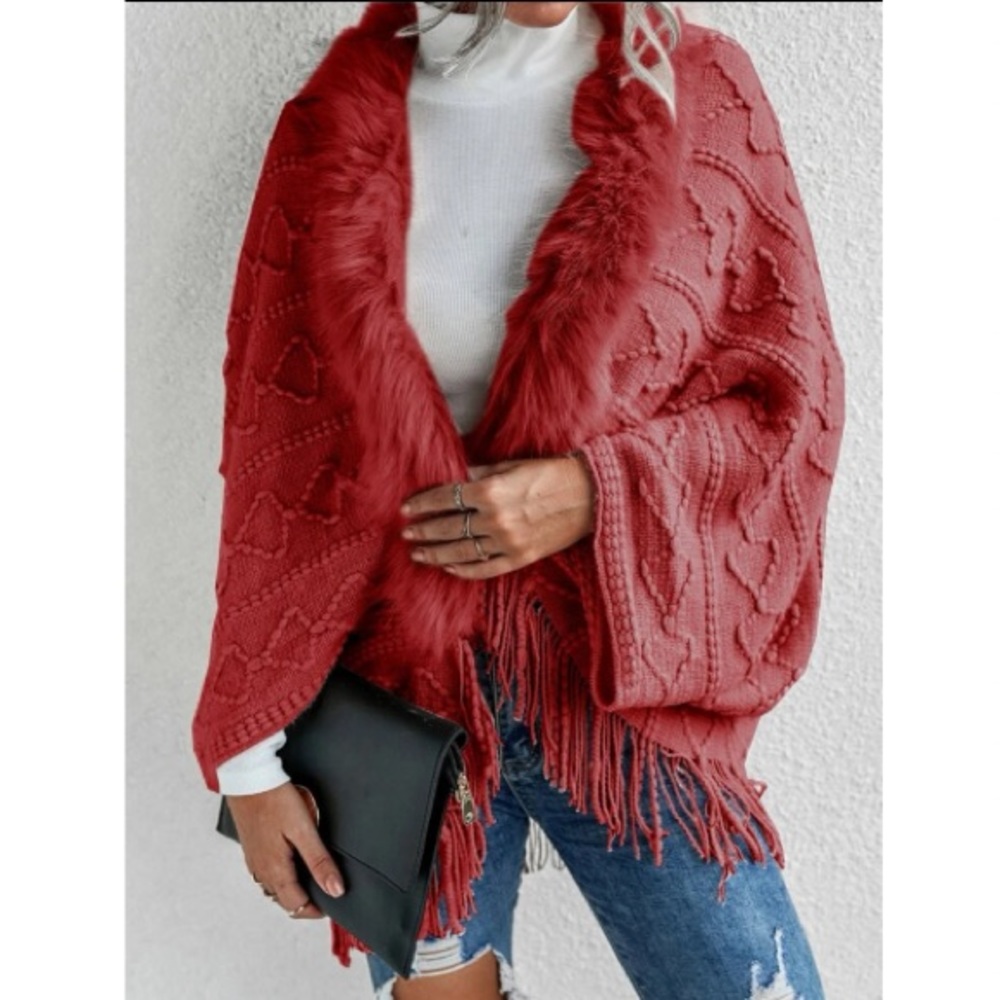 Boho vegan fur sweater cardigan open poncho - Picture 14 of 16